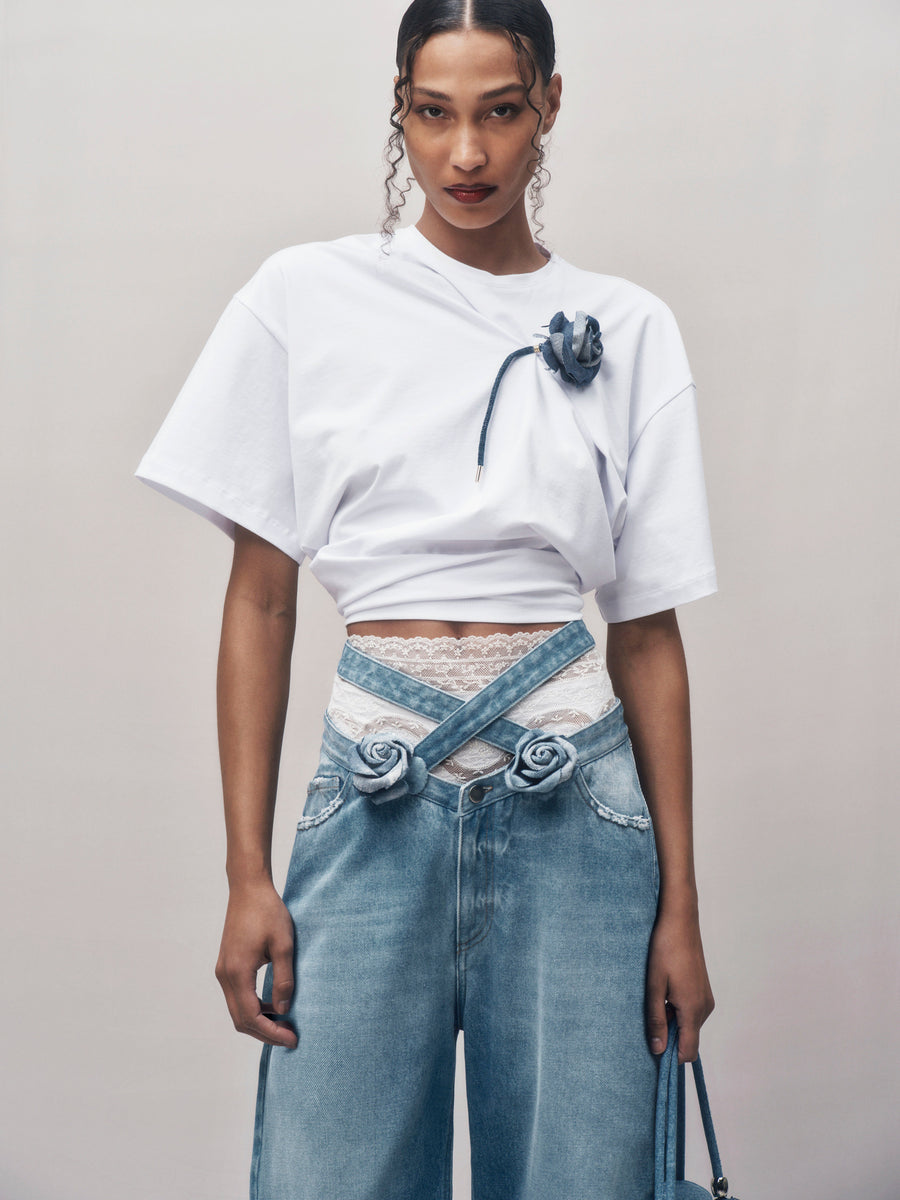 Suspended Rose Asymmetrical T-Shirt in White/Silk Rose | Seen