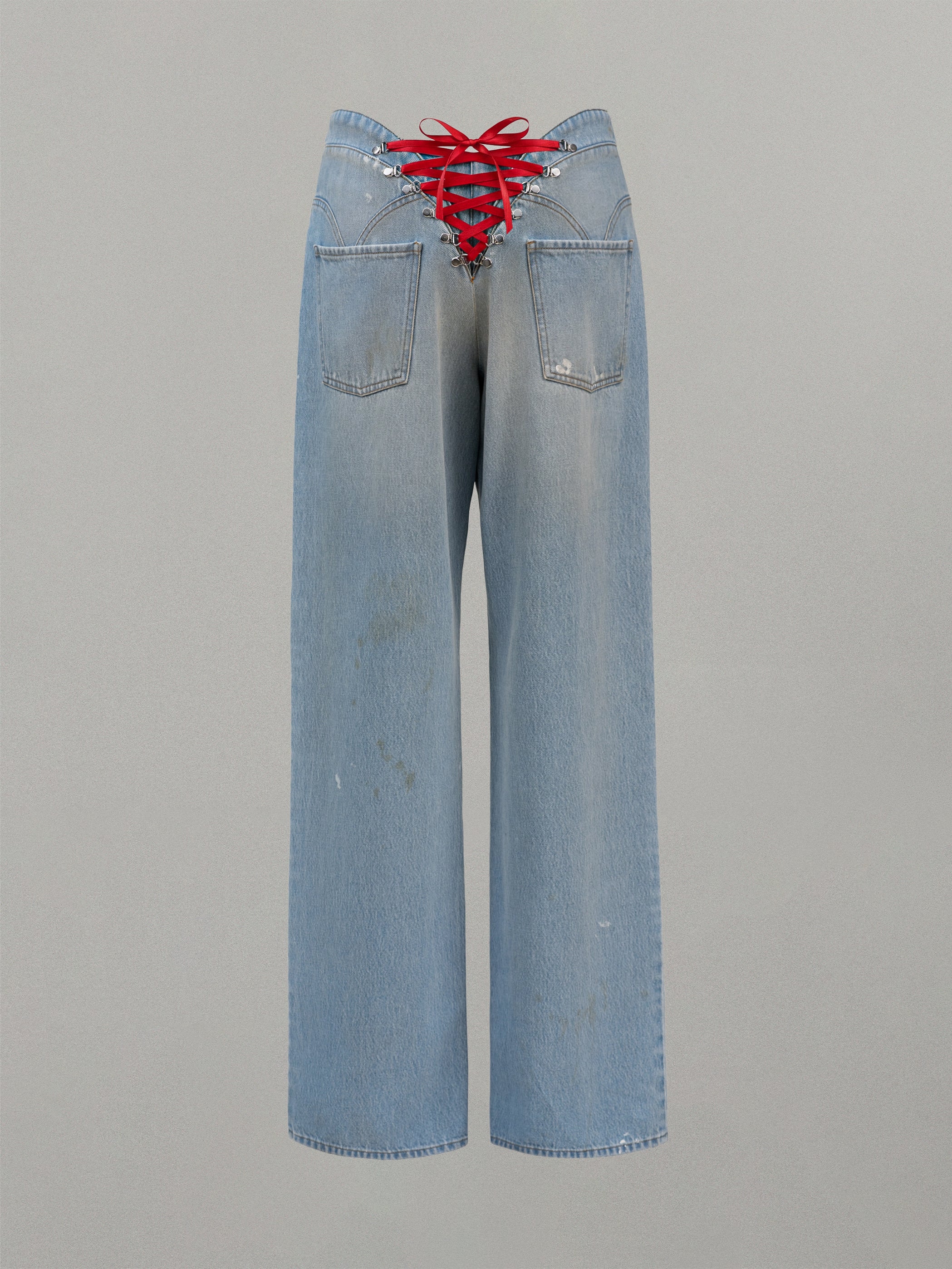 Pull to Open Jeans in Washed Denim Blue and Red Lace-Up Detail
