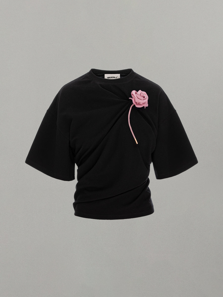 Suspended Rose Asymmetrical T-Shirt in Black/Silk Rose | Seen