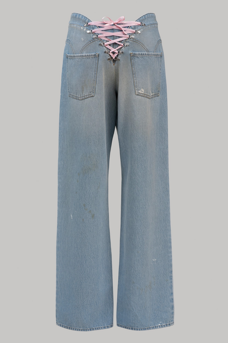 Pull to Open Jeans in Washed Denim Blue and Pink Lace-Up Detail | Seen ...