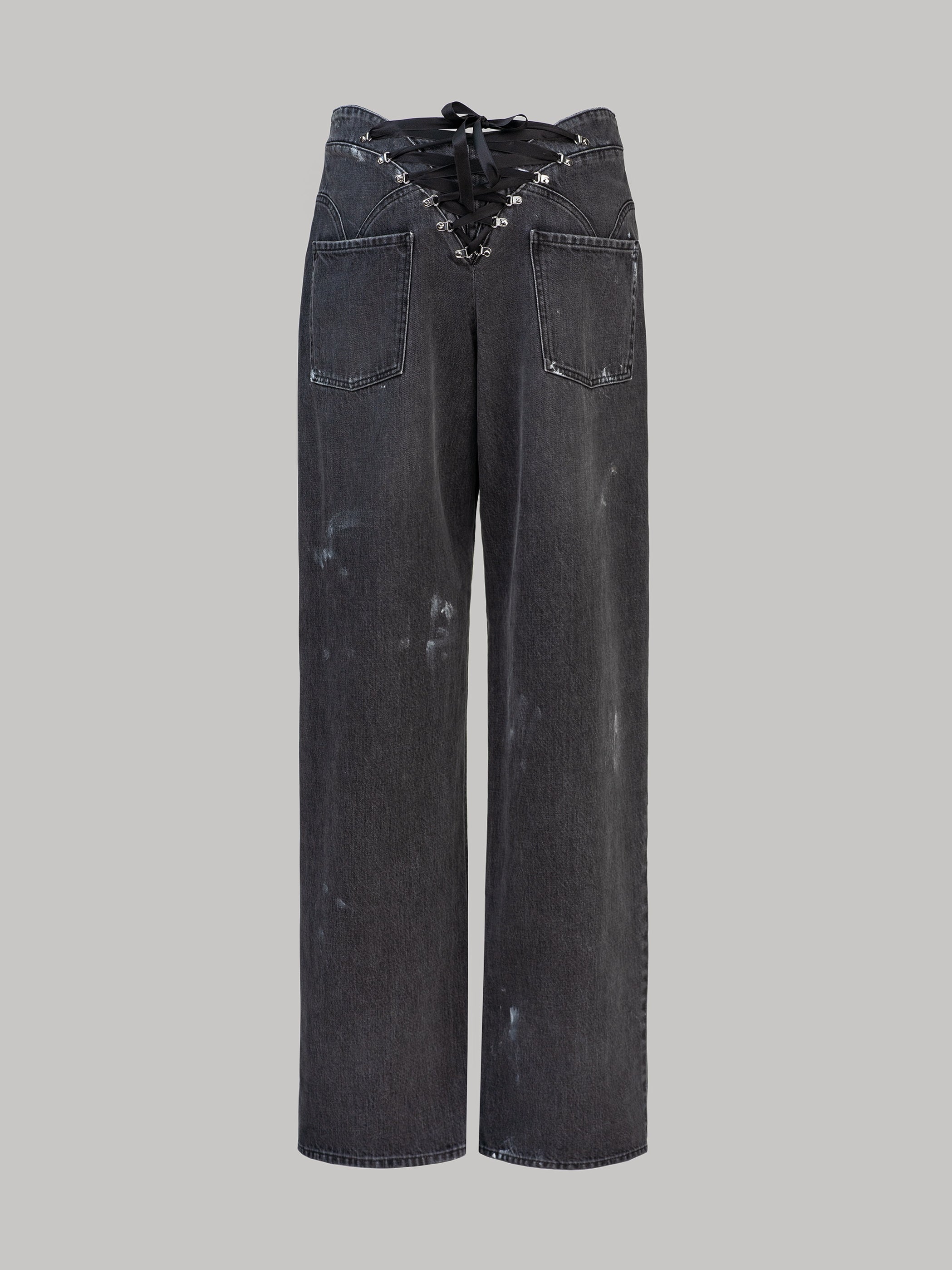 Pull to Open Jeans in Washed Black Denim and Black Lace-Up Detail