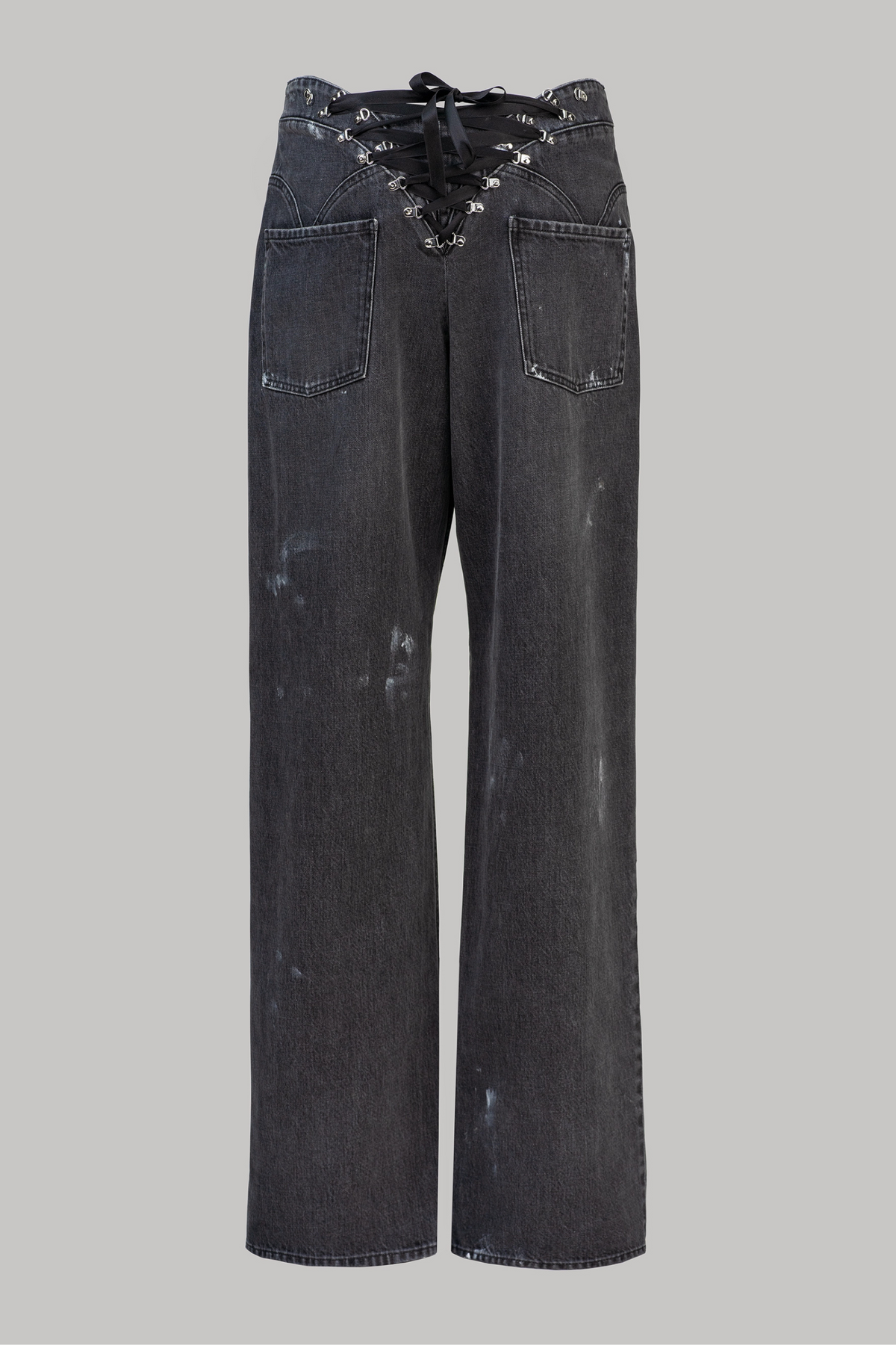 Pull to Open Jeans in Washed Black Denim and Black Lace-Up Detail