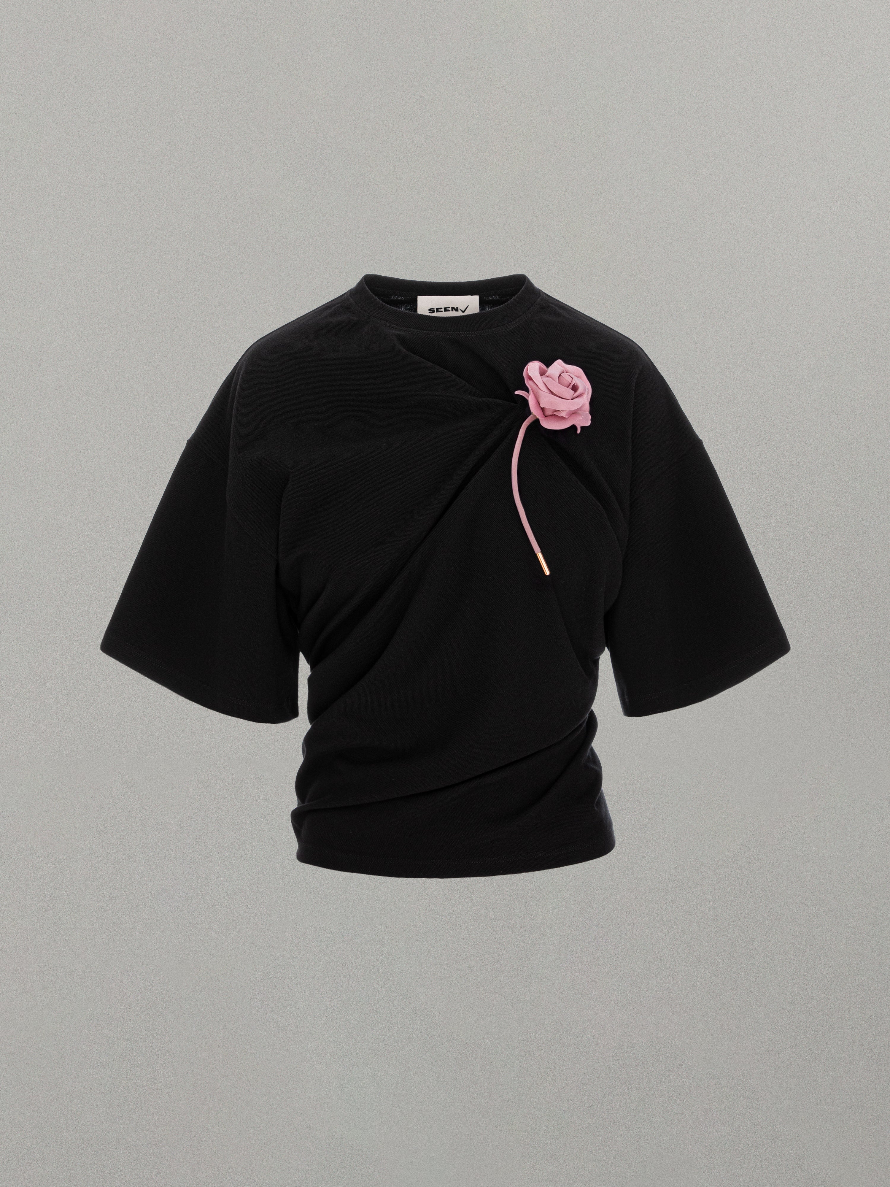 Suspended Rose Asymmetrical T-Shirt in Black/Silk Rose | Seen
