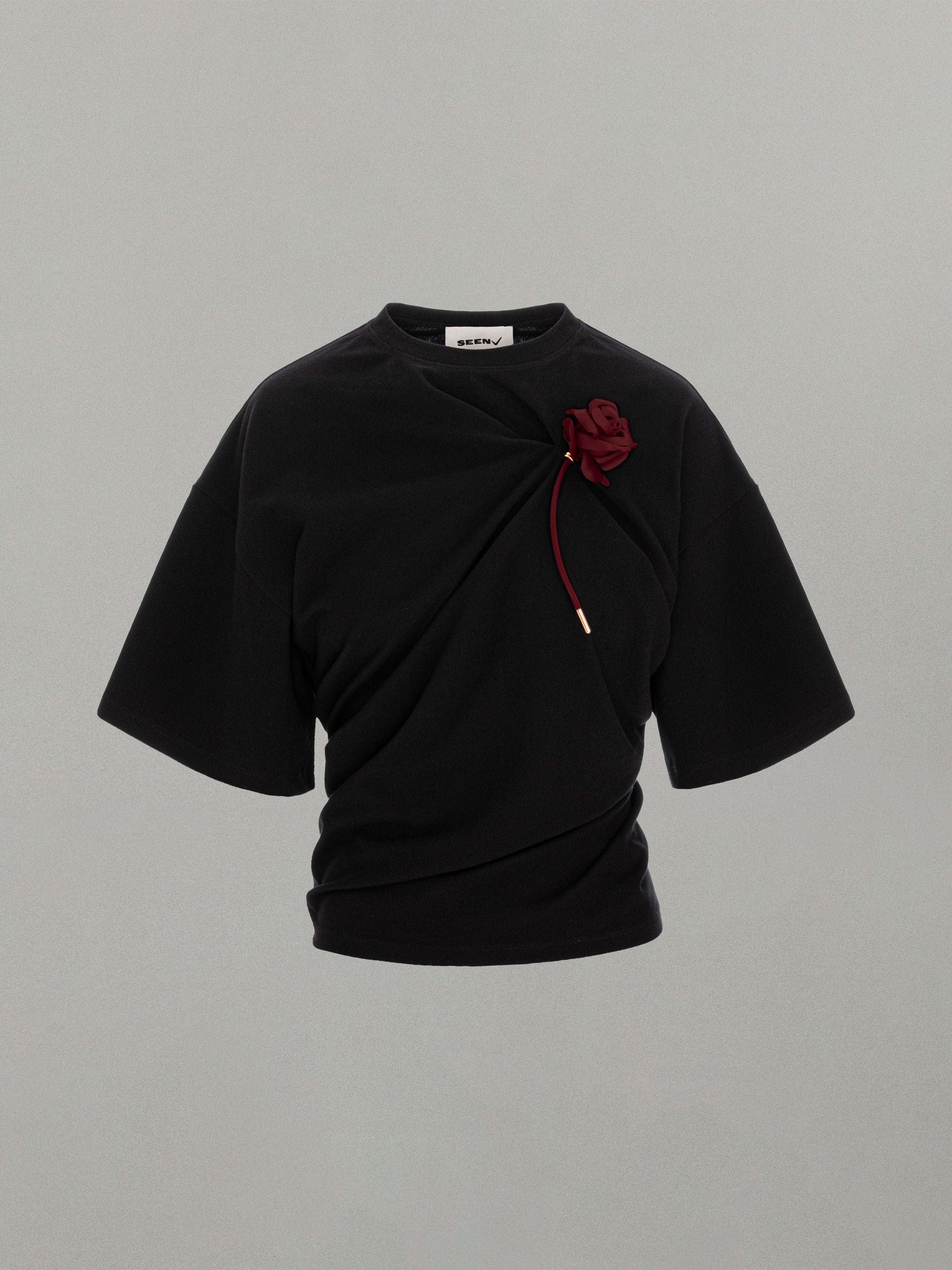 Suspended Rose Asymmetrical T-Shirt in Black/Silk Rose | Seen