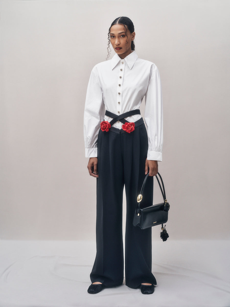 Ruffle Trausers Roses Wrapped in Roses Trousers - Black/Red Silk Roses – SEEN USERS